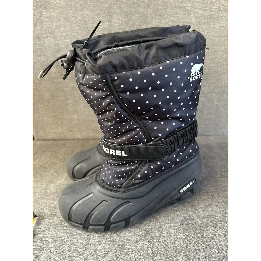 Sorel Flurry Print Adjustable Polka Dots Boots Black NY3503-010 Big Girl's 4 EUC
